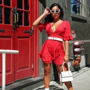 Red and white polka dot wrap dress